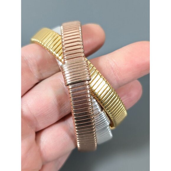 Mixed Metal Style Interlocking Triple Stretch Bracelet 7" Retro - Picture 4 of 8
